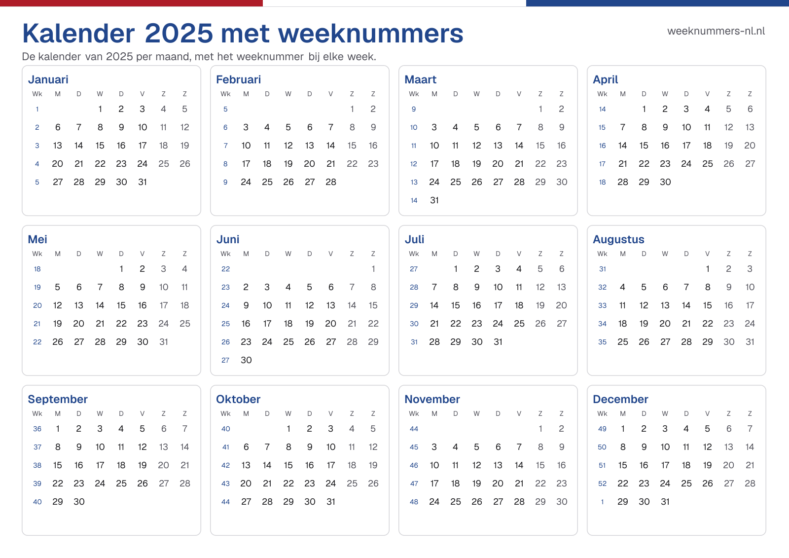Kalender 2025 met weeknummers