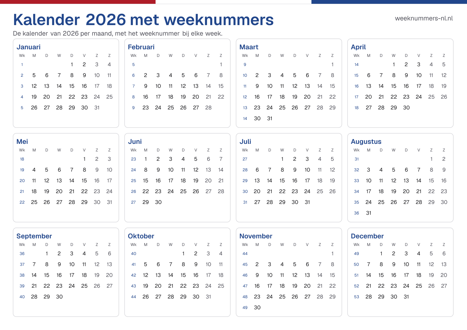 Kalender 2026 met weeknummers