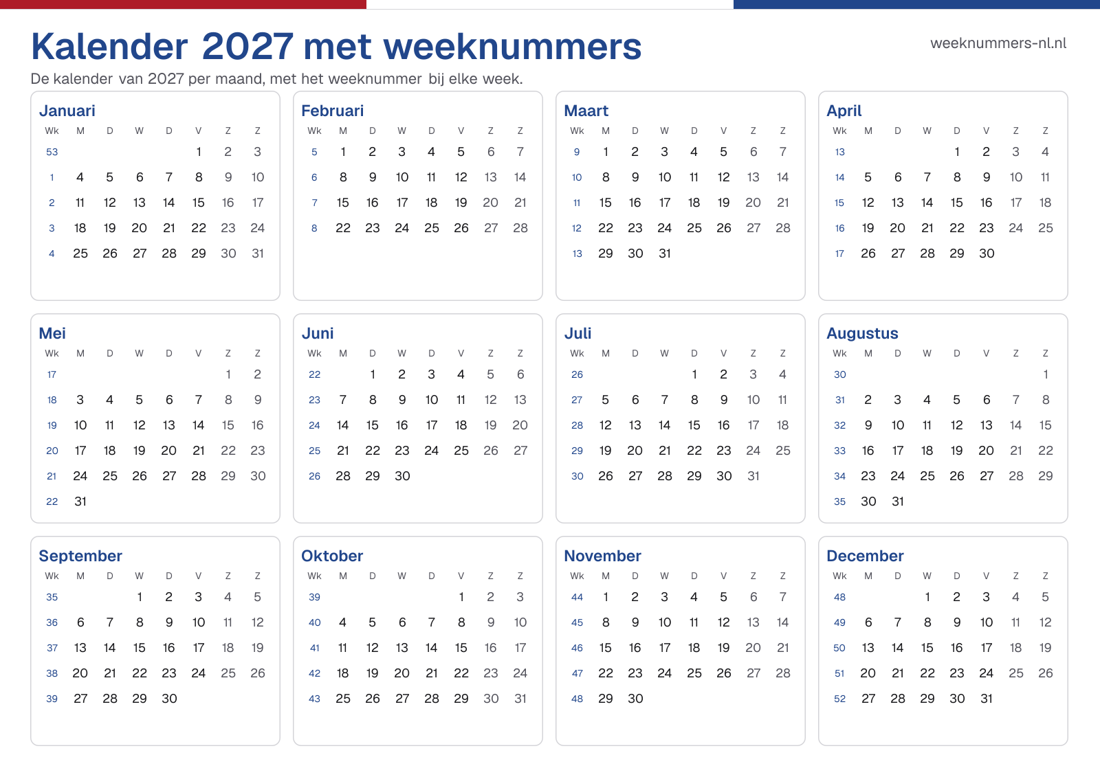 Kalender 2027 met weeknummers