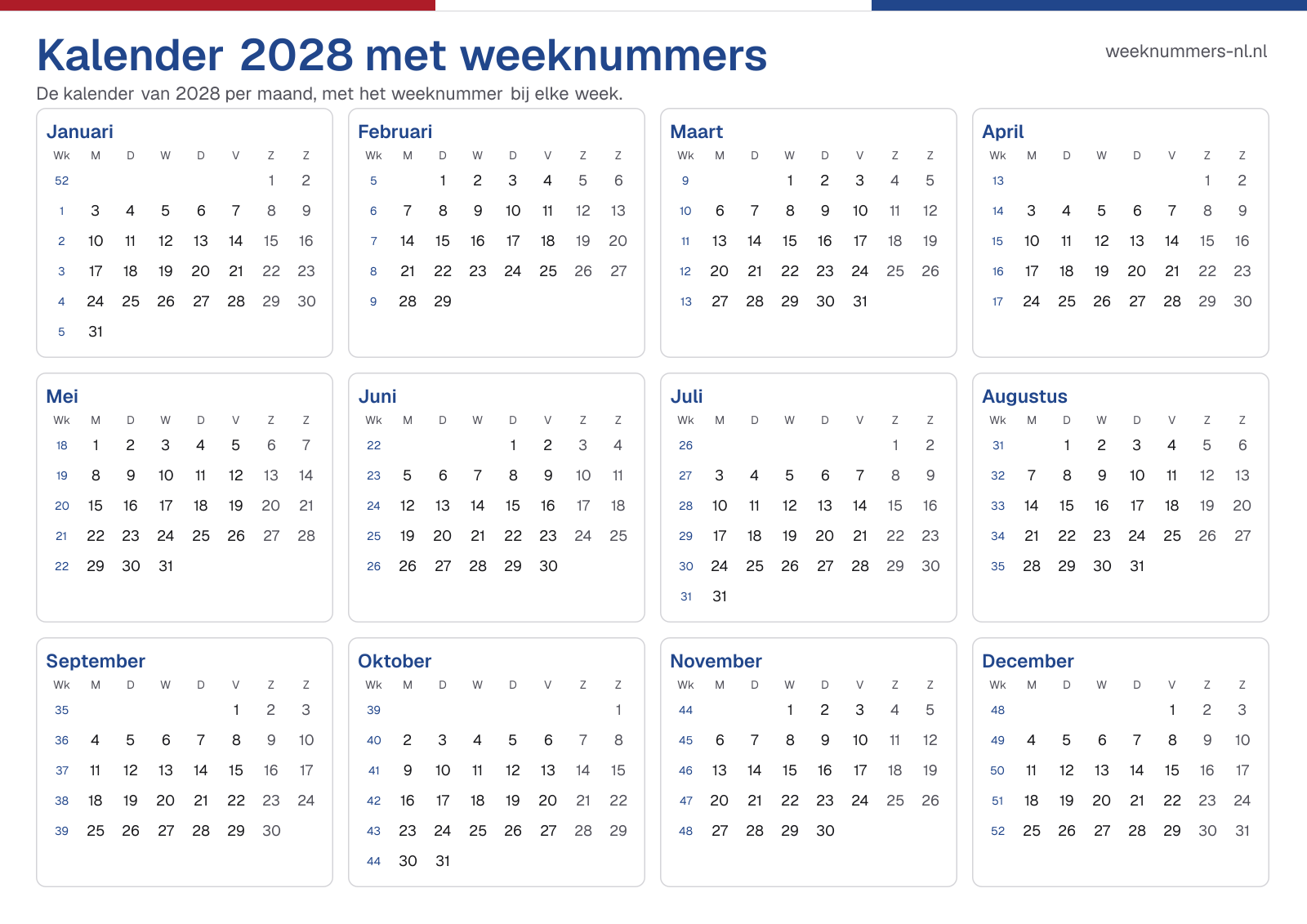 Kalender 2028 met weeknummers