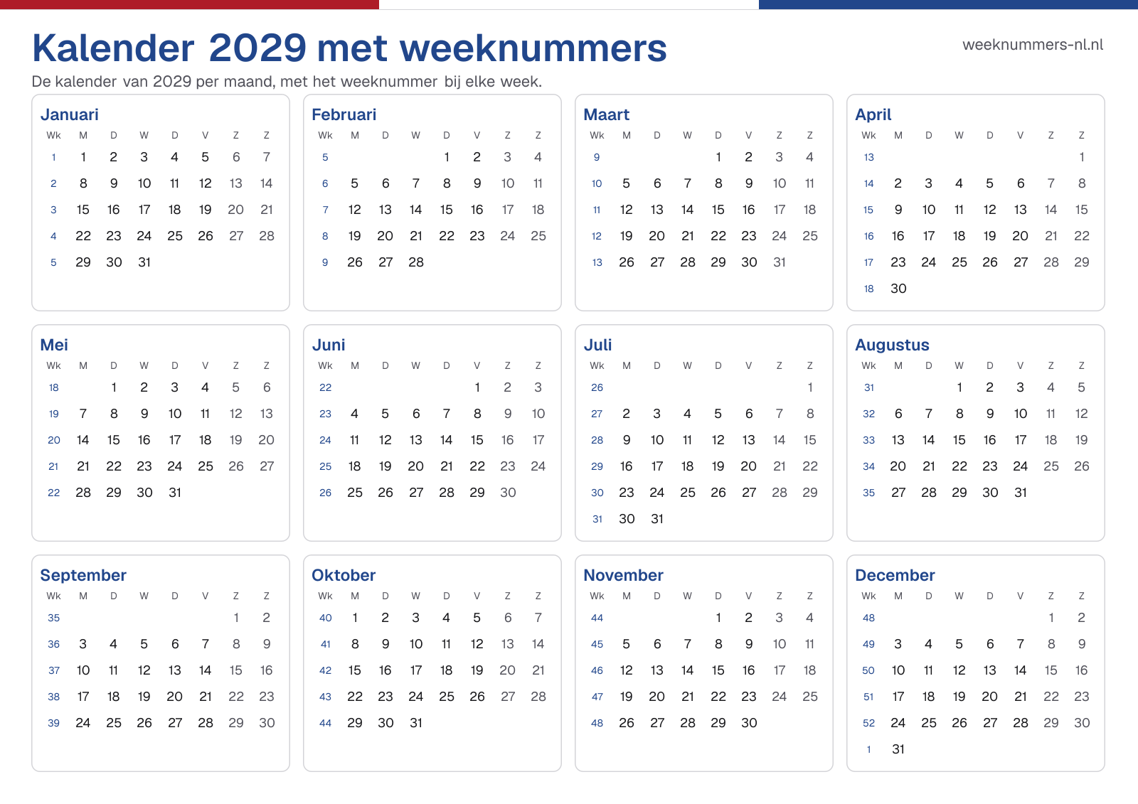 Kalender 2029 met weeknummers