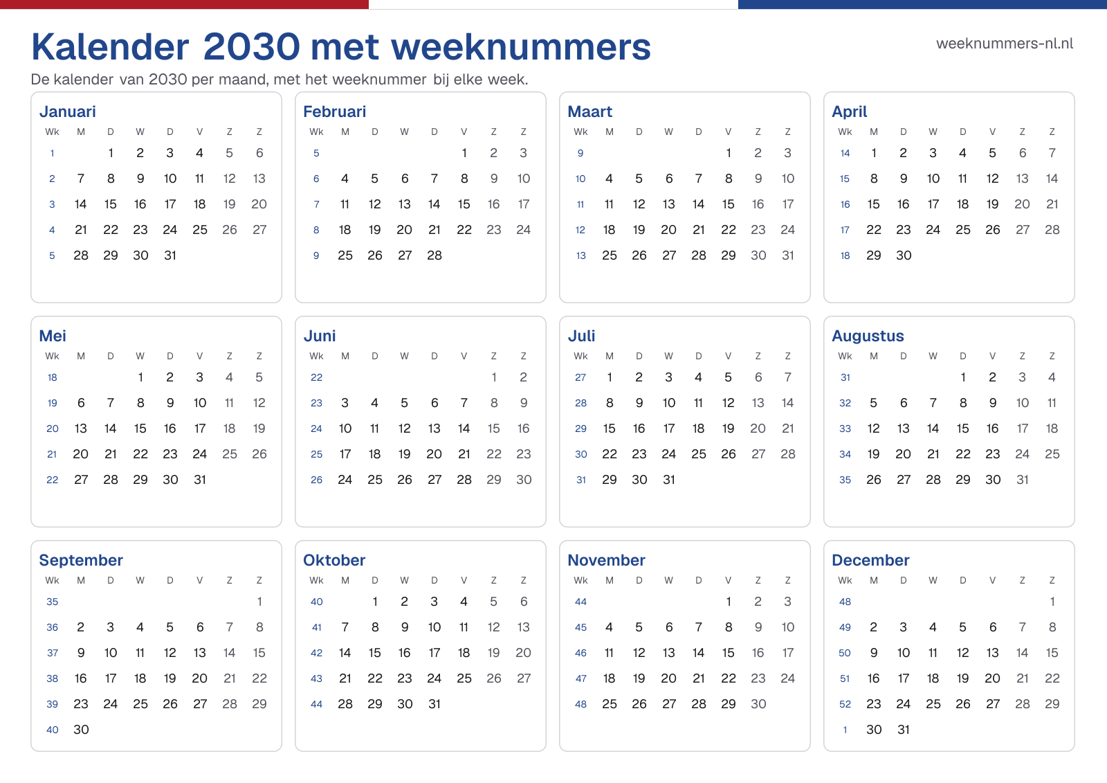 Kalender 2030 met weeknummers