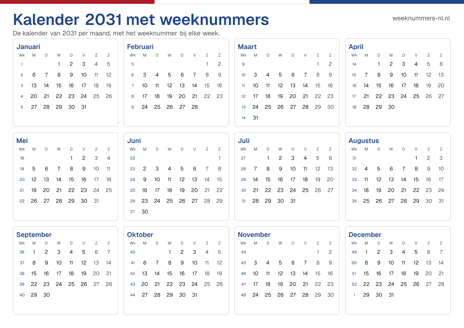 Kalender 2031 met weeknummers